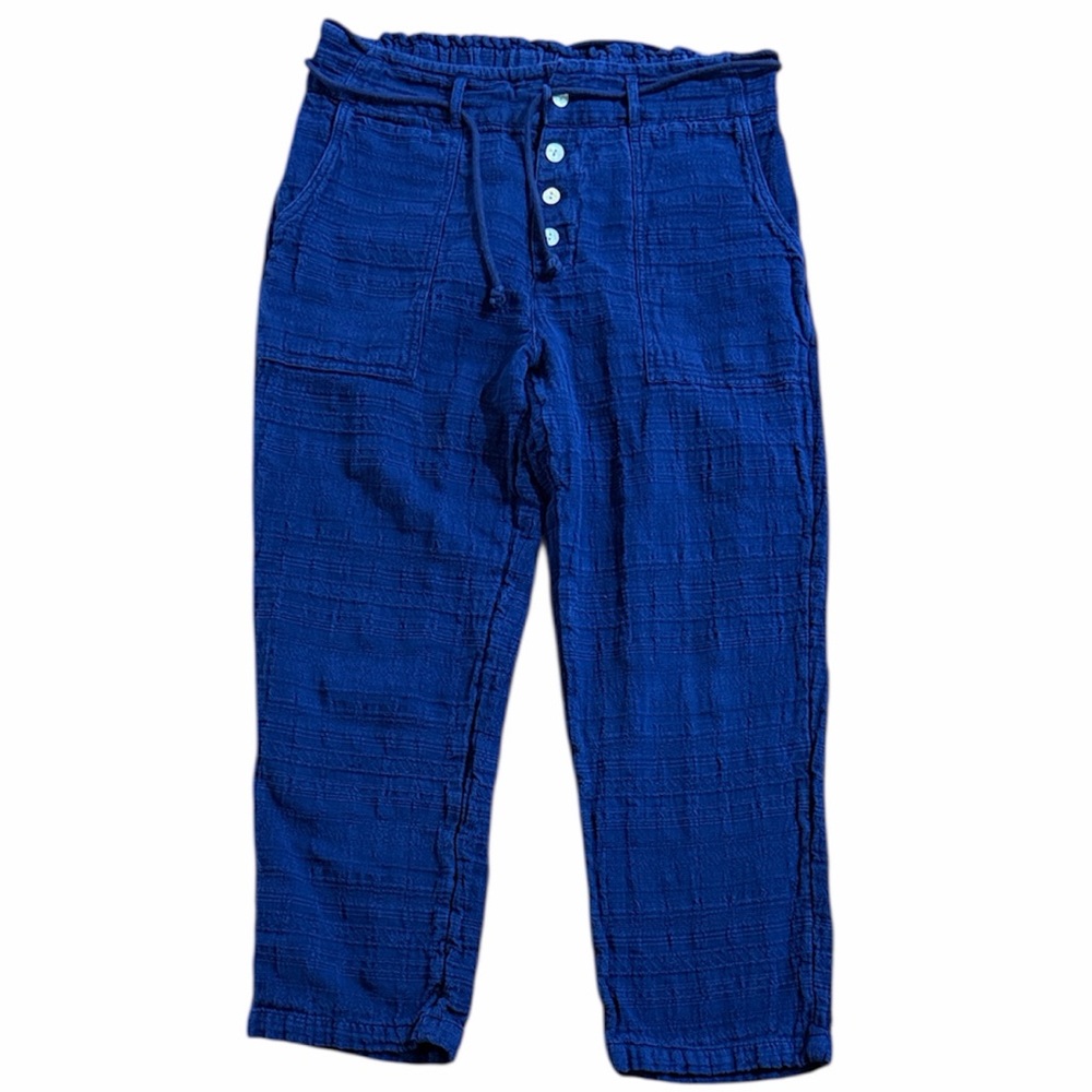 Sundance‎ Women P Medium Cotton Textured Pants Button Blue 4 Pocket Straight Leg